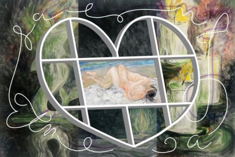 Visuel de l'exposition "Don’t push the river" qui représente un cadre en forme de coeur contenant une peinture représentant un homme et une femme nus enlacés sur une plage.