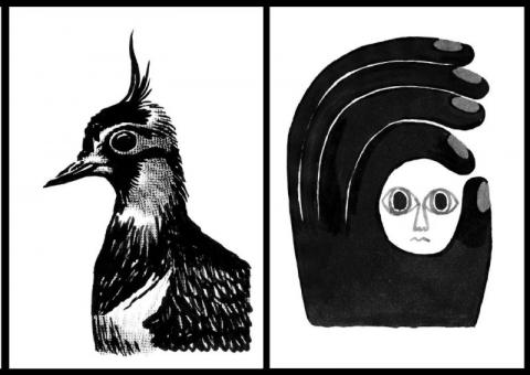 Visuel de l'exposition "Moitié moitié" représentant à gauche un dessin d'oiseau, et à droite un visage stylisé entouré par une main.
