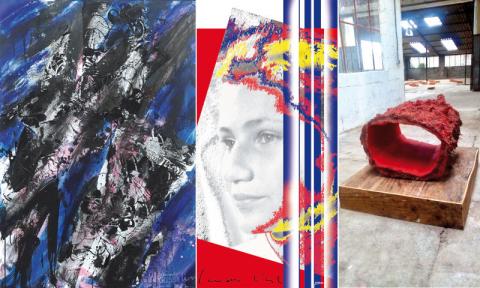 Visuel de l'exposition "3 générations de plasticiens" représentant trois oeuvres. A gauche, une peinture aux couleurs dominantes de bleu, blanc, rose et noir. Au centre, un portrait photo d'une femme en noir et blanc. A droite, une exposition en volume.