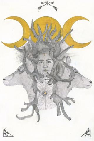 Visuel de l'exposition "Oracle" qui représente un visage humain encadré par deux têtes de cerfs, surplombés de deux lunes et du soleil au milieu.