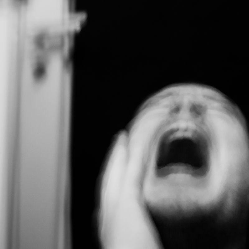 Visuel de l'exposition "Histoire d'un monde sans Hommes" représentant une photo en noir et blanc montrant un homme qui semble hurler de peur.