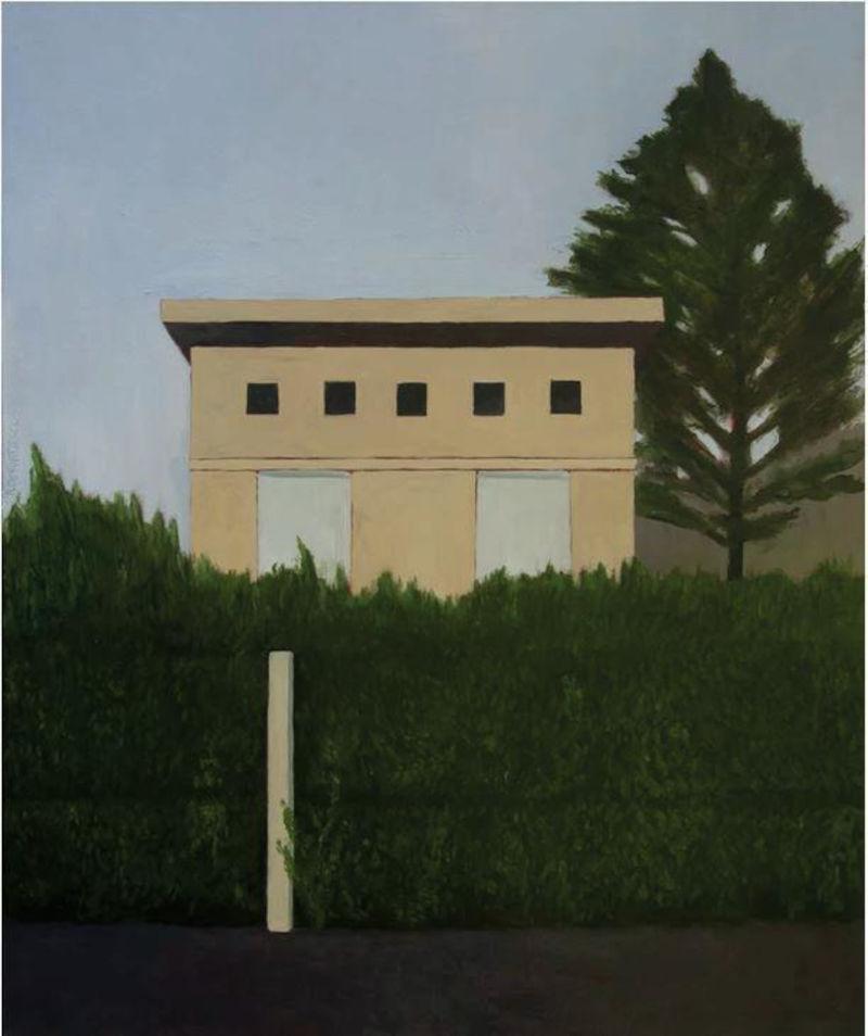 Visuel de l'exposition "Panoramas normands", représentant une peinture d'une habitation derrière une haie de tuyas.