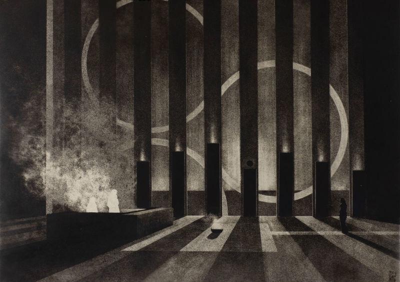 Visuel de l'exposition "Lueur" représentant des ombres humaines blanches et noires devant des colonnes, le tout en noir et blanc