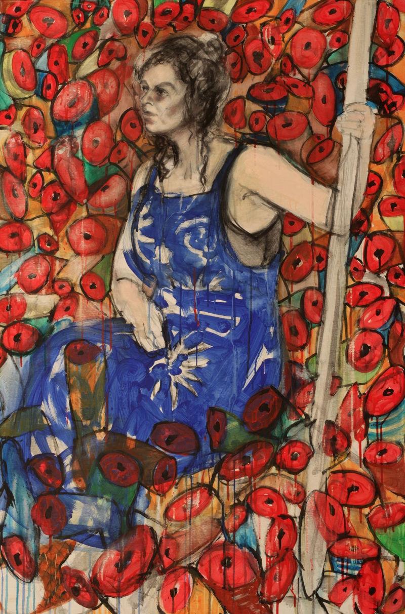 Visuel de cette exposition sans titre représentant une femme en robe bleue assise et tenant un bâton.