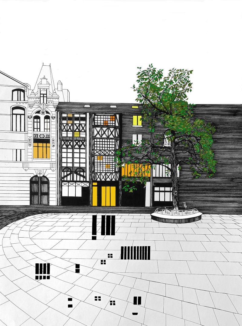 Visuel de l'exposition "La modification" représentant le dessin de maisons à colombages rouennaises agréées d'un arbre.